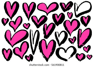 Hearts grunge hand drawing black frame pink graphic ink pen brush set.