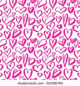 Hearts grunge hand drawing pink graphic ink pen brush big seamless background.