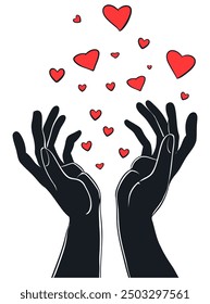 Corazones en donación de mano, tema compasivo y caritativo - Ilustración vectorial plana