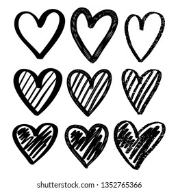 Hearts hand drawn big set. Isolated. Brush effect, marker, child drawing, texture, hatching