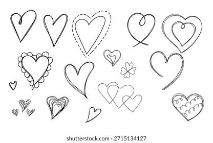 Corações desenhados à mão em preto e branco demonstram amor e afeição em um estilo artístico simples perfeito para cartões de dia dos namorados ou desenhos românticos.