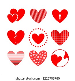 Hearts hand drawn collection.  Design stylized element for valentine's day. Concept of love on white background. Love symbol. Set of red hearts. Vector illustration.