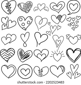 Hearts Hand Drawn Doodle Line Art Outline Set Containing heart, emotions, feelings, sentiments, soul, mind, bosom, breast, love, affection, passion, sympathy, pity, concern, compassion, valentine