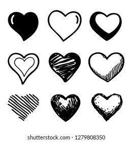 Hearts hand drawn flat style icons set. Vector illustration.