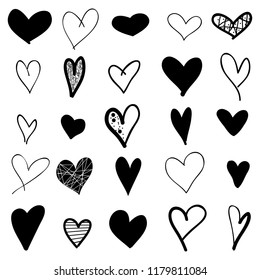 Hearts hand drawn icons set isolated on white background. Hearts sketch collection for web site, greeting card, poster, placard, wallpaper and Valentine's day. Heart icons, vector illustration