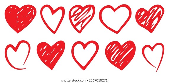 Hearts hand drawn icons set isolated on white background. Hearts shapes. Template for Valentine's day, wedding, romantic card. Vector illustration.