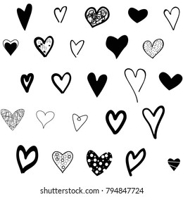 Hearts hand drawn icons set isolated on white background. For web site, poster,placard,wallpaper and Valentine's day.Collection of hearts, creative art, modern concept. icons vector illustration