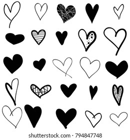 Hearts hand drawn icons set isolated on white background. For web site, poster,placard,wallpaper and Valentine's day.Collection of hearts, creative art, modern concept. icons vector illustration