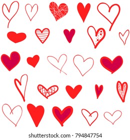 Hearts hand drawn icons set isolated on white background. For web site, poster,placard,wallpaper and Valentine's day.Collection of hearts, creative art, modern concept.  icons vector illustration