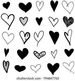 Hearts hand drawn icons set isolated on white background. For web site, poster,placard,wallpaper and Valentine's day.Collection of hearts, creative art, modern concept.  icons vector illustration