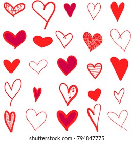 Hearts hand drawn icons set isolated on white background. For web site, poster,placard,wallpaper and Valentine's day.Collection of hearts, creative art, modern concept. Heart icons vector illustration