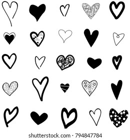 Hearts hand drawn icons set isolated on white background. For web site, poster,placard,wallpaper and Valentine's day.Collection of hearts, creative art, modern concept. icons vector illustration