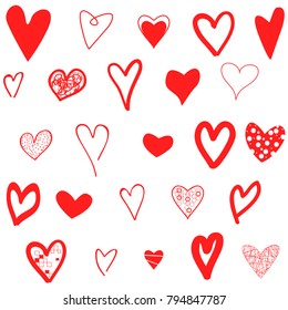 Hearts hand drawn icons set isolated on white background. For web site, poster,placard,wallpaper and Valentine's day.Collection of hearts, creative art, modern concept.  icons vector illustration