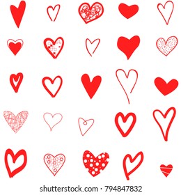 Hearts hand drawn icons set isolated on white background. For web site, poster,placard,wallpaper and Valentine's day. Collection of hearts, creative art, modern concept.  icons vector illustration