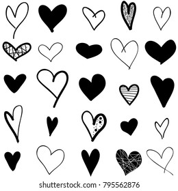 Hearts hand drawn icons set isolated on white background. For web site, poster,placard,wallpaper and Valentine's day.Collection of hearts, creative art, modern concept. Heart icons vector illustration