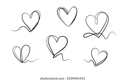 hearts, hand drawn line art. wavy lines, curls, love symbols icons. set of vector drawings isolated on white background