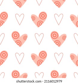 Hearts hand drawn romantic seamless pattern. Background with unusual hearts painted circles. Love template for gift wrapping, fabric, wallpaper and card design