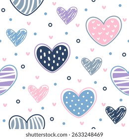 Hearts hand drawn, seamless vector design for print on textile, wrapping, backdrop and other uses.