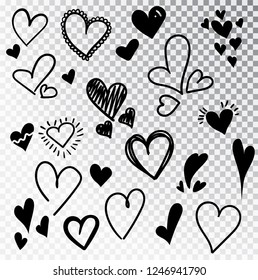  Hearts hand drawn set isolated. Design elements for Valentine's day. Collection of doodle sketch hearts hand drawn with ink. Vector illustration 10 EPS.