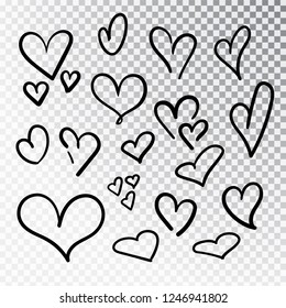  Hearts hand drawn set isolated. Design elements for Valentine's day. Collection of doodle sketch hearts hand drawn with ink. Vector illustration 10 EPS.