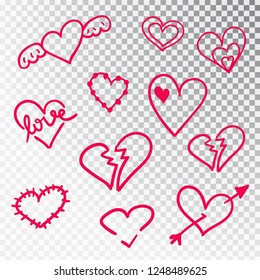 Hearts hand drawn set isolated. Design elements for Valentine's day. Collection of doodle sketch hearts hand drawn with ink. Vector illustration 10 EPS.
