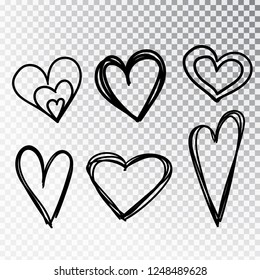 Hearts hand drawn set isolated. Design elements for Valentine s day. Collection of doodle sketch hearts hand drawn with ink. Vector illustration 10 EPS.