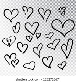 Hearts hand drawn set isolated. Design elements for Valentine s day. Collection of doodle sketch hearts hand drawn with ink. Vector illustration 10 EPS.