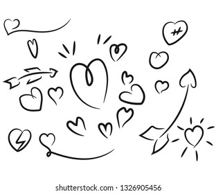 Corazones dibujados a mano aislados. Elementos de diseño para el día de San Valentín. Colección de corazones dibujados a mano con tinta. Ilustración del vector 10 EPS
