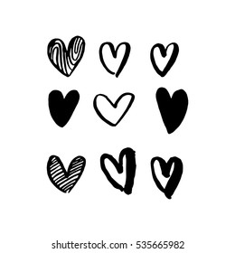 Hearts hand drawn vector art for Valentine day. Vector isolated heart love sketch icons pattern. Marker or felt-tip pen drawing. Romantic symbols set. Greeting card design element