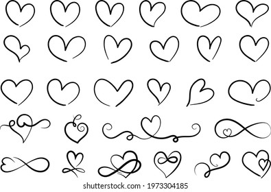 Hearts hand drawn vector illustration set collection isolated