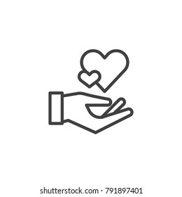 Hearts in hand line icon, outline vector sign, linear style pictogram isolated on white. Hand hold heart symbol, logo illustration. Editable stroke
