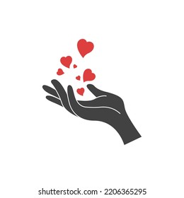 Hearts in hand vector icon. Illustration of hand with hearts isolated on white background. Medicine icon. Symbol of kindness and charity. Vector web design