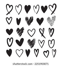 Hearts hand written vector set. Silhouette shapes