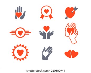 Hearts, hands icon set. Concept of love, care, protection