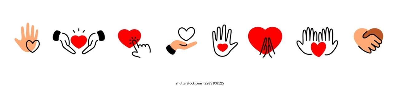 Hearts with hands icons set illustration