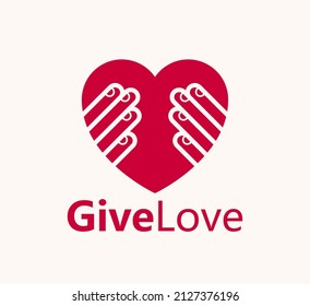 Hearts with hands vector logo or icon, heart hand fingers sign, hands giving love, showing love, care and support, protection or relationship concept.