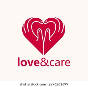 Hearts with hands vector logo or icon, heart hand fingers sign, hands giving love, showing love, care and support, protection or relationship concept.