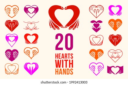 Hearts with hands vector logos or icons set, heart hand fingers signs, hands giving love, showing love, care and support, protection or relationship concept.
