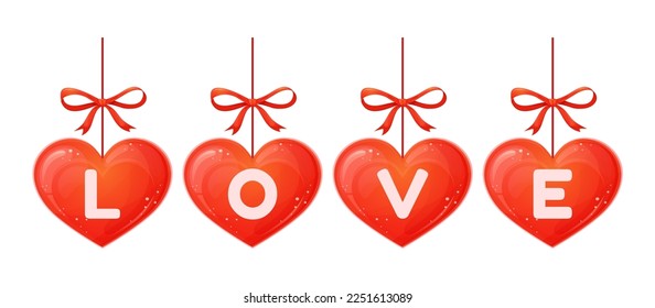 Hearts hanging decoration with love text. Valentines day. Cute ornament. Vector illustration for design isolated on white background.