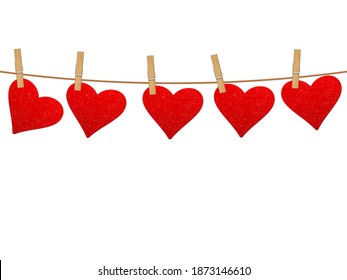 Hearts hanging on clothesline. Vector illustration.