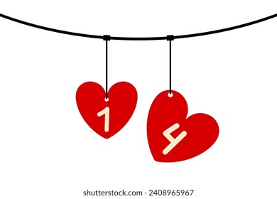 Corazones colgando de una cuerda. Feriado 14 de Febrero. Día de San Valentín. Silueta de colores. Vista frontal horizontal. Ilustración gráfica plana vectorial simple. Objeto aislado sobre un fondo blanco. Aislar.