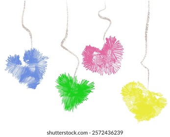 hearts hanging on a rope, party decoration elements, fluffy pompoms