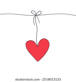 Hearts hanging on a string. A red hand-painted heart isolated on a white background. It can be used in web design, social networks, on T-shirts, postcards