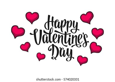Hearts. Happy Valentines Day lettering. Vector color vintage engraving illustration isolated on a white background. For web, poster, info graphic.