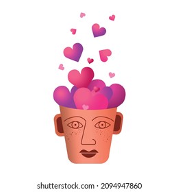 Hearts in a Head. Love Symbol. Full of love. Emotions, meditation. Isolated on white background. Perfect for Valentine's Day. Eps 8