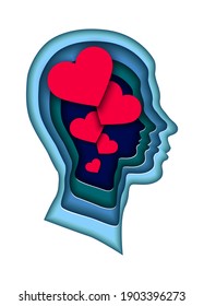 Hearts in the head made of paper. Cutted paper style illustration. Festive postcard. Vector background.