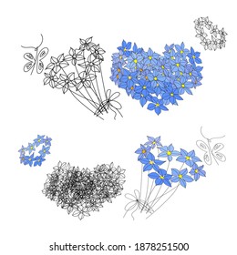 Hearts and a heart-shaped bouquet of forget-me-nots