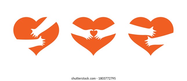 Hearts with hugging themselves hands vector designs set, love and accept yourself metaphor, love you saint Valentine day greeting cards.