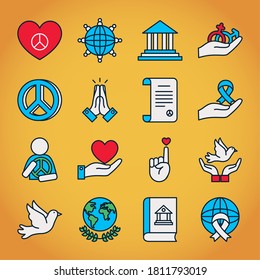 hearts and human rights icon set over yellow background, line and fill style, vector illustration