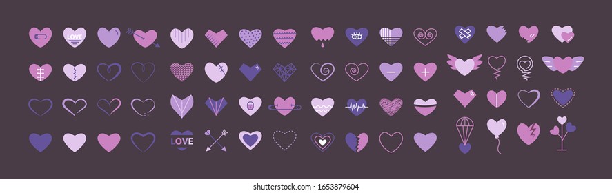 Hearts icon big set  flat in purple and pink colors  isolated on a dark purple  background.Symbol 
of relationships, feelings, souls,icon love, sign emotion.Valentine day ,marriage, anniversary day